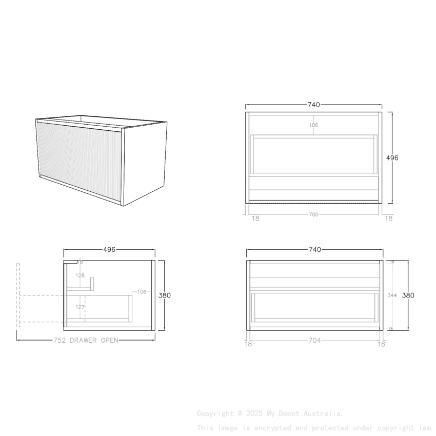 740mm Kiama  Bottega Oak 1 Drawer Fluted Wall Hung Vanity Cabinet Only