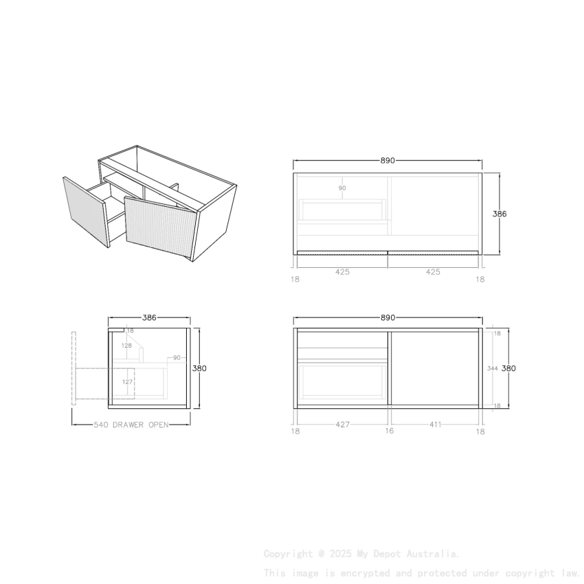 890mm Kiama Bottega Oak 1 Left Drawer 1 Right Door Narrow Fluted Wall Hung Vanity Cabinet Only