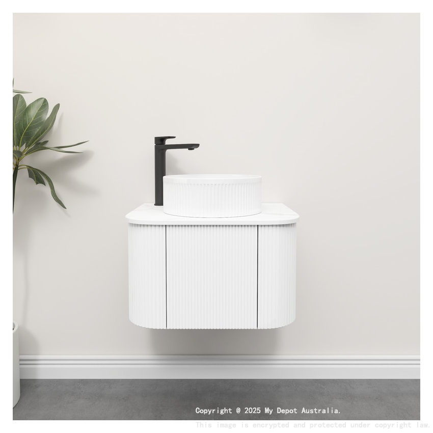 Kiama 600mm Matte White 1 Door Curved Wall Hung Fluted Bathroom Vanity