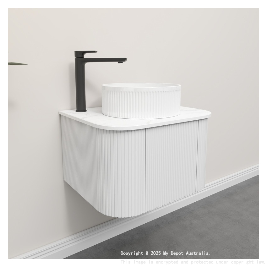 Kiama 600mm Matte White 1 Door Curved Wall Hung Fluted Bathroom Vanity