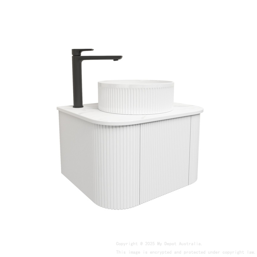 Kiama 600mm Matte White 1 Door Curved Wall Hung Fluted Bathroom Vanity