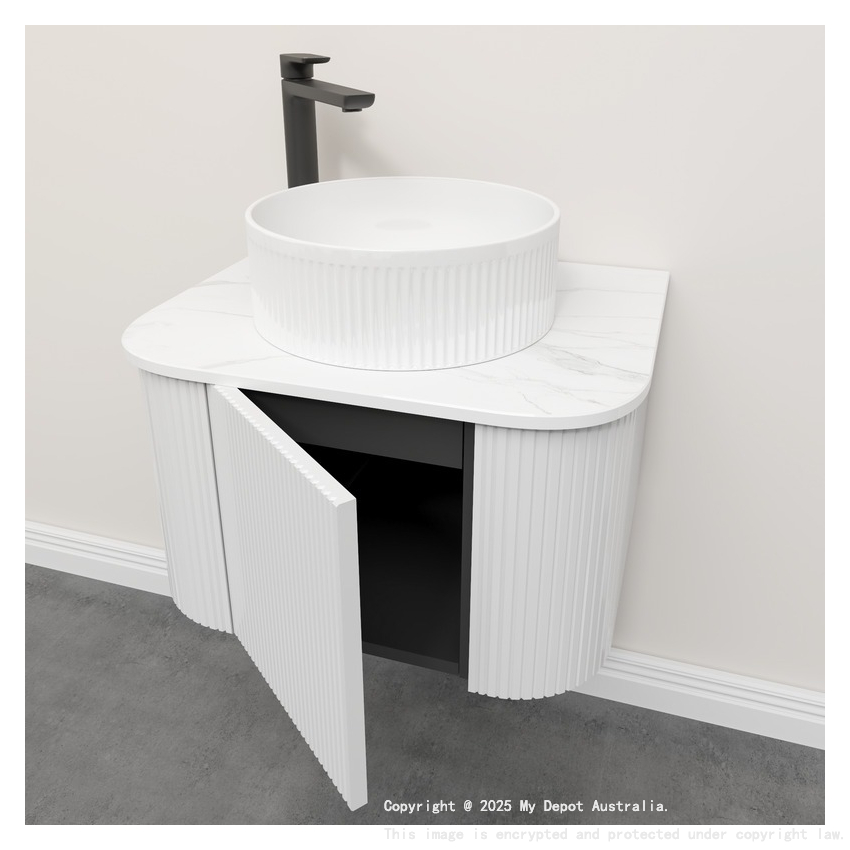Kiama 600mm Matte White 1 Door Curved Wall Hung Fluted Bathroom Vanity
