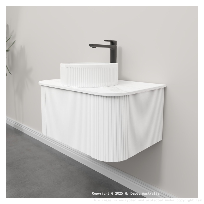 Kiama 750mm Matte White 1 Drawer Curved Wall Hung Fluted Bathroom Vanity