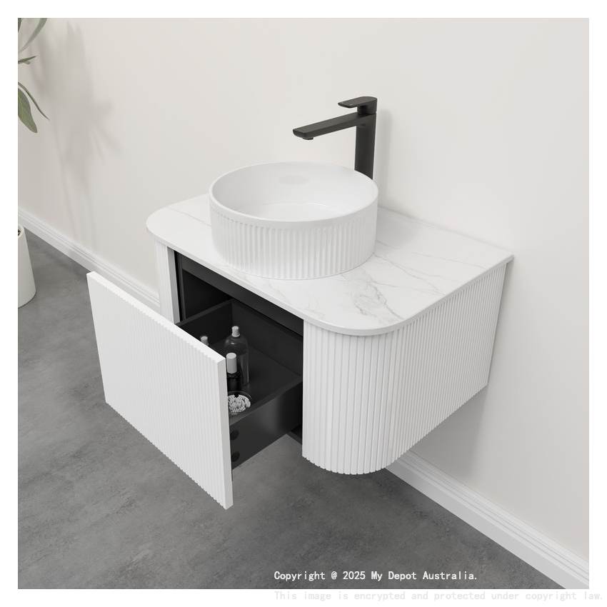 Kiama 750mm Matte White 1 Drawer Curved Wall Hung Fluted Bathroom Vanity