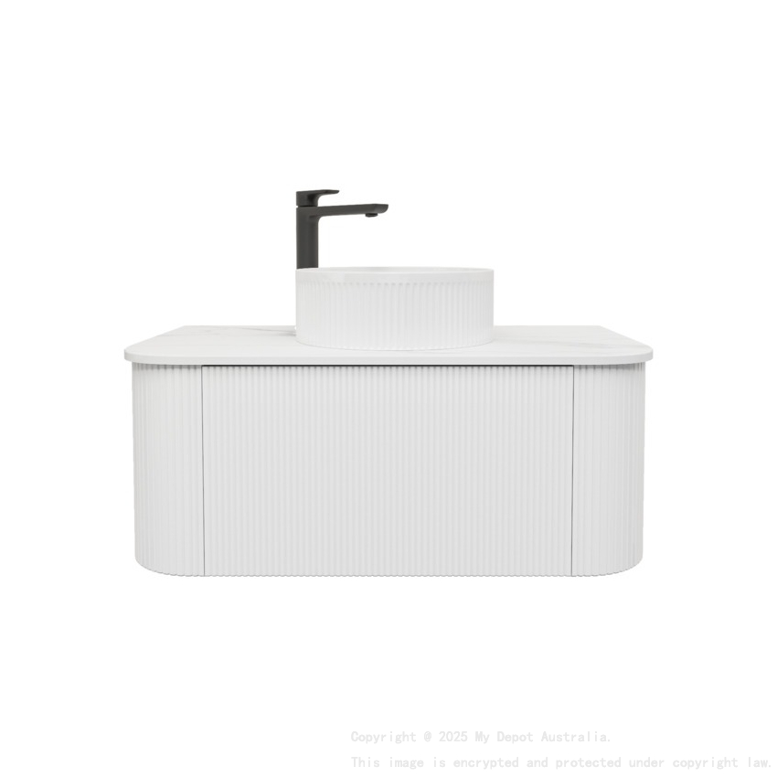 Kiama 950mm Matte White 1 Drawer Curved Wall Hung Fluted Bathroom Vanity