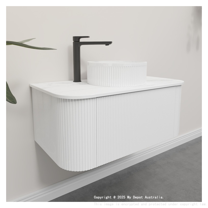 Kiama 950mm Matte White 1 Drawer Curved Wall Hung Fluted Bathroom Vanity