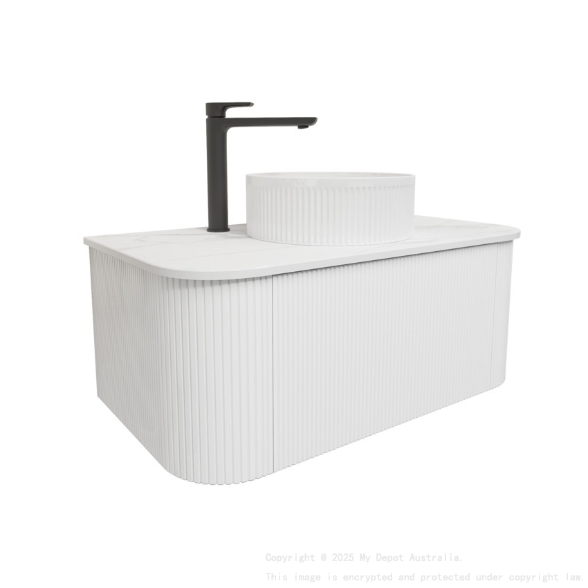 Kiama 950mm Matte White 1 Drawer Curved Wall Hung Fluted Bathroom Vanity