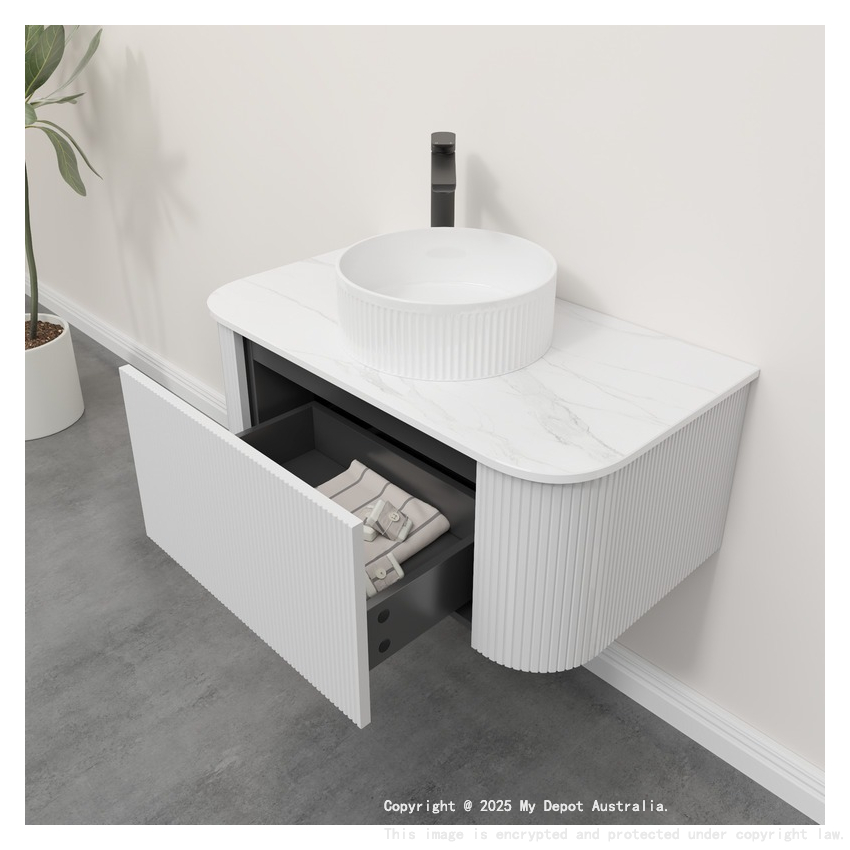 Kiama 950mm Matte White 1 Drawer Curved Wall Hung Fluted Bathroom Vanity