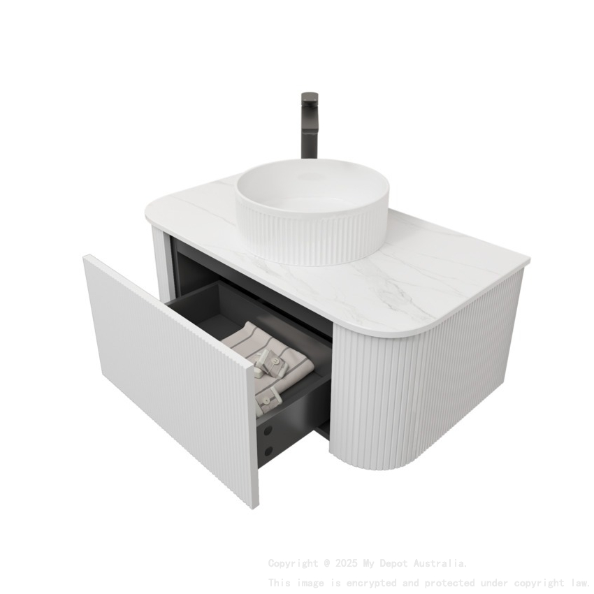 Kiama 950mm Matte White 1 Drawer Curved Wall Hung Fluted Bathroom Vanity