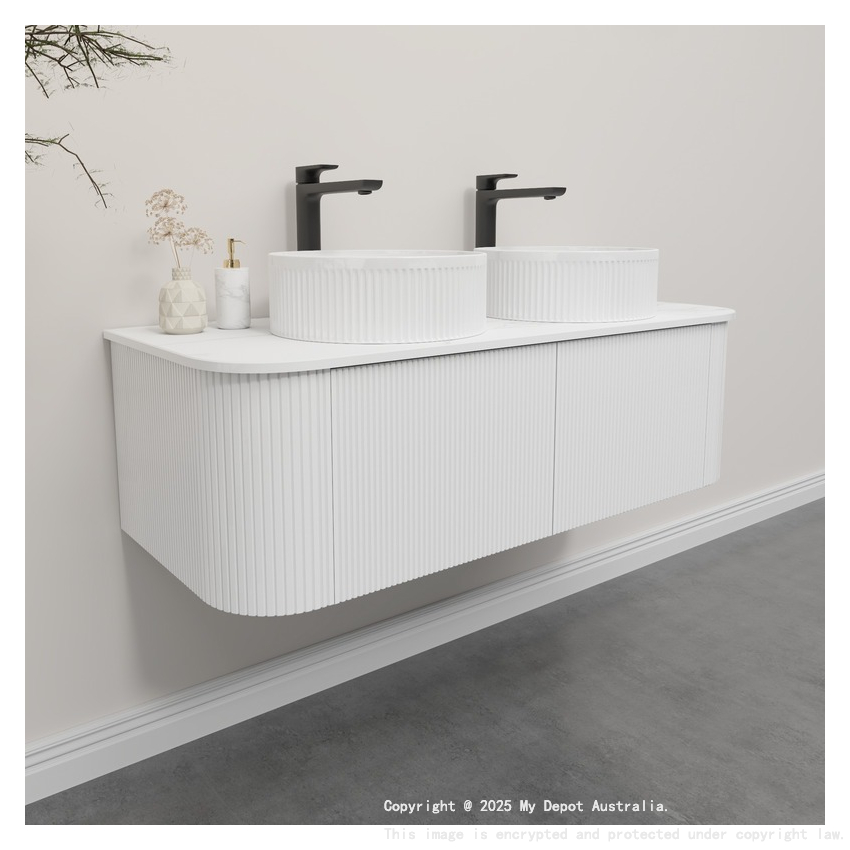Kiama 1200mm Matte White 2 Drawers Curved Wall Hung Fluted Bathroom Vanity
