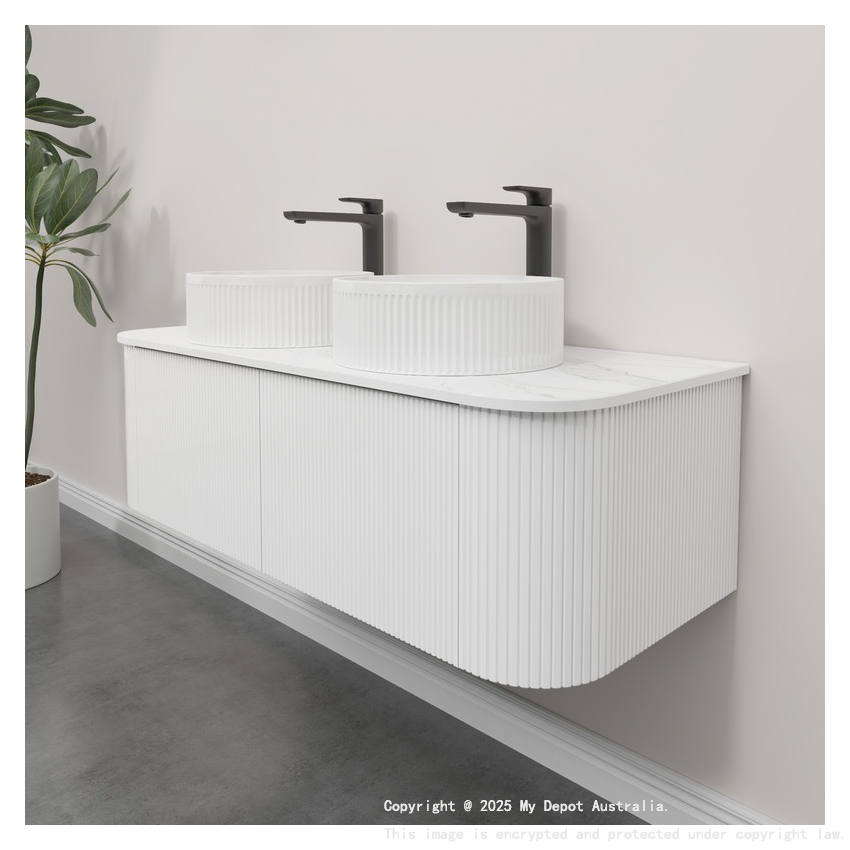 Kiama 1200mm Matte White 2 Drawers Curved Wall Hung Fluted Bathroom Vanity