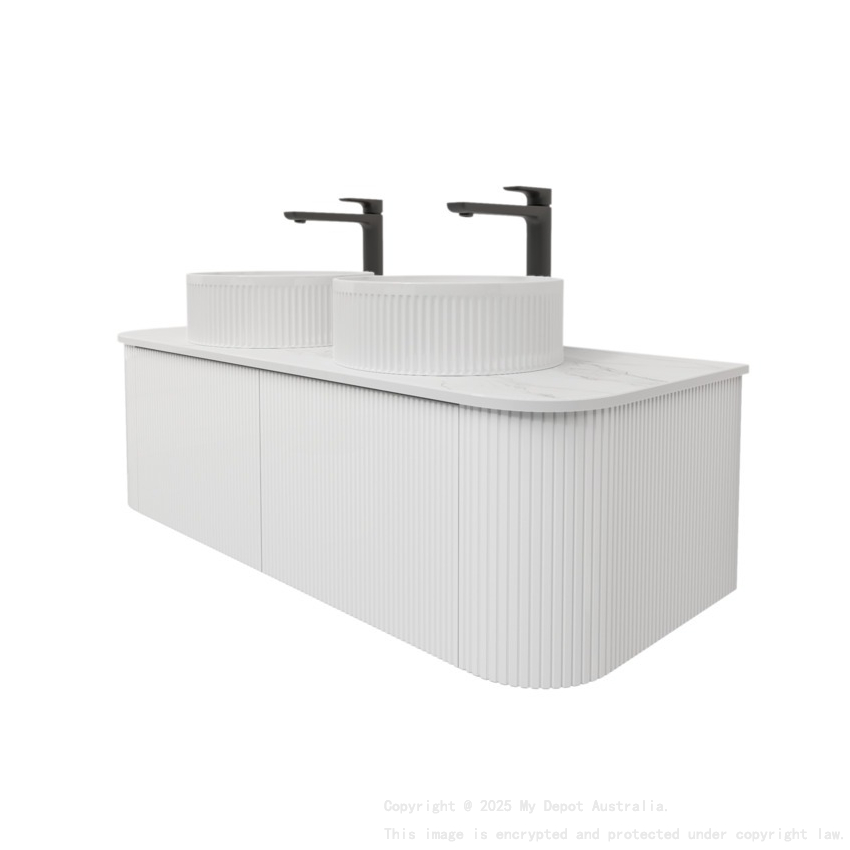 Kiama 1200mm Matte White 2 Drawers Curved Wall Hung Fluted Bathroom Vanity