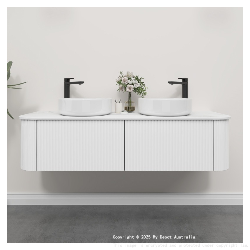 Kiama 1500mm Matte White 2 Drawers Curved Wall Hung Fluted Bathroom Vanity