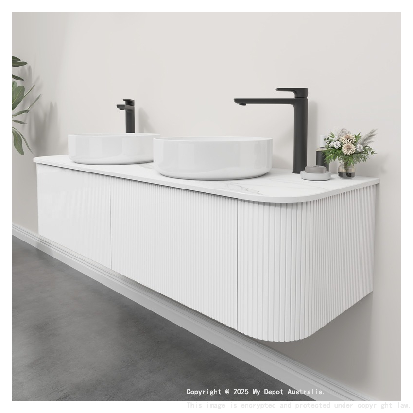 Kiama 1500mm Matte White 2 Drawers Curved Wall Hung Fluted Bathroom Vanity
