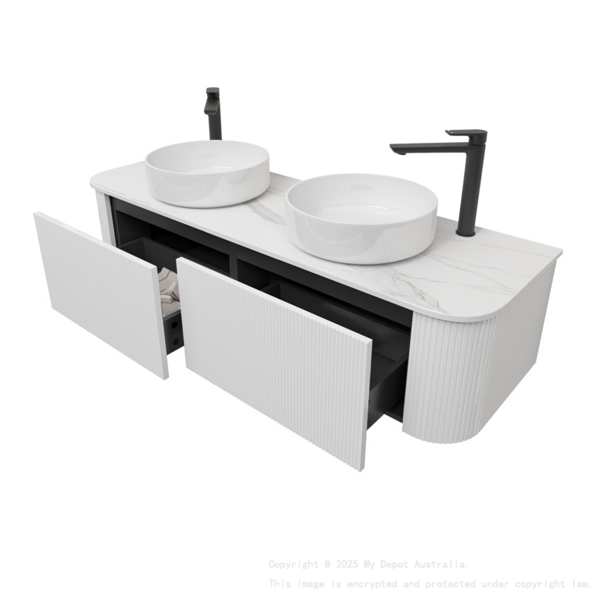 Kiama 1500mm Matte White 2 Drawers Curved Wall Hung Fluted Bathroom Vanity
