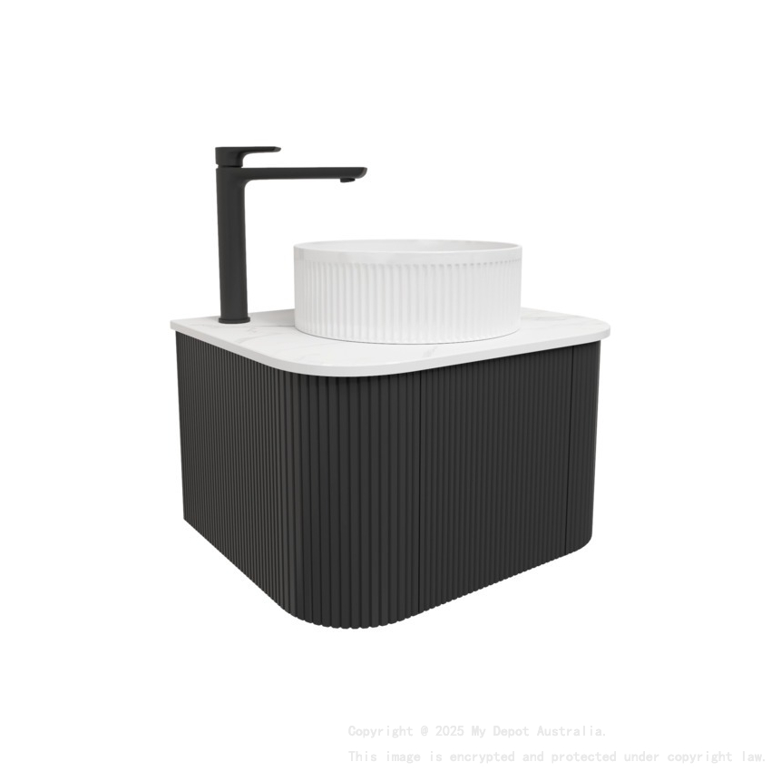 Kiama 600mm Matte Black 1 Door Curved Wall Hung Fluted Bathroom Vanity