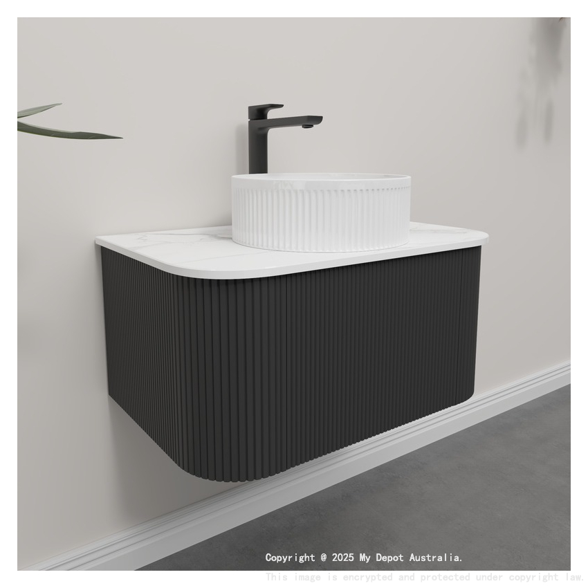 Kiama 750mm Matte Black 1 Drawer Curved Wall Hung Fluted Bathroom Vanity