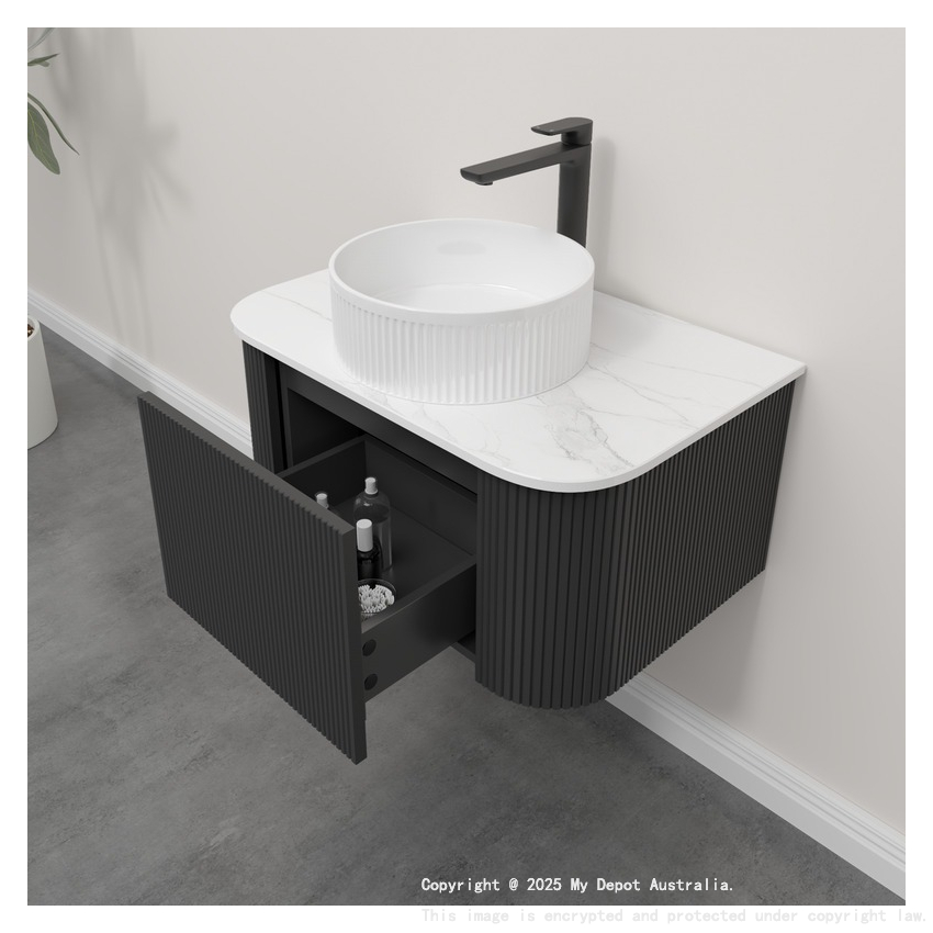 Kiama 750mm Matte Black 1 Drawer Curved Wall Hung Fluted Bathroom Vanity