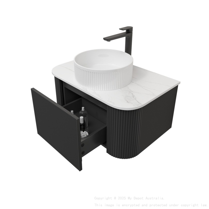 Kiama 750mm Matte Black 1 Drawer Curved Wall Hung Fluted Bathroom Vanity