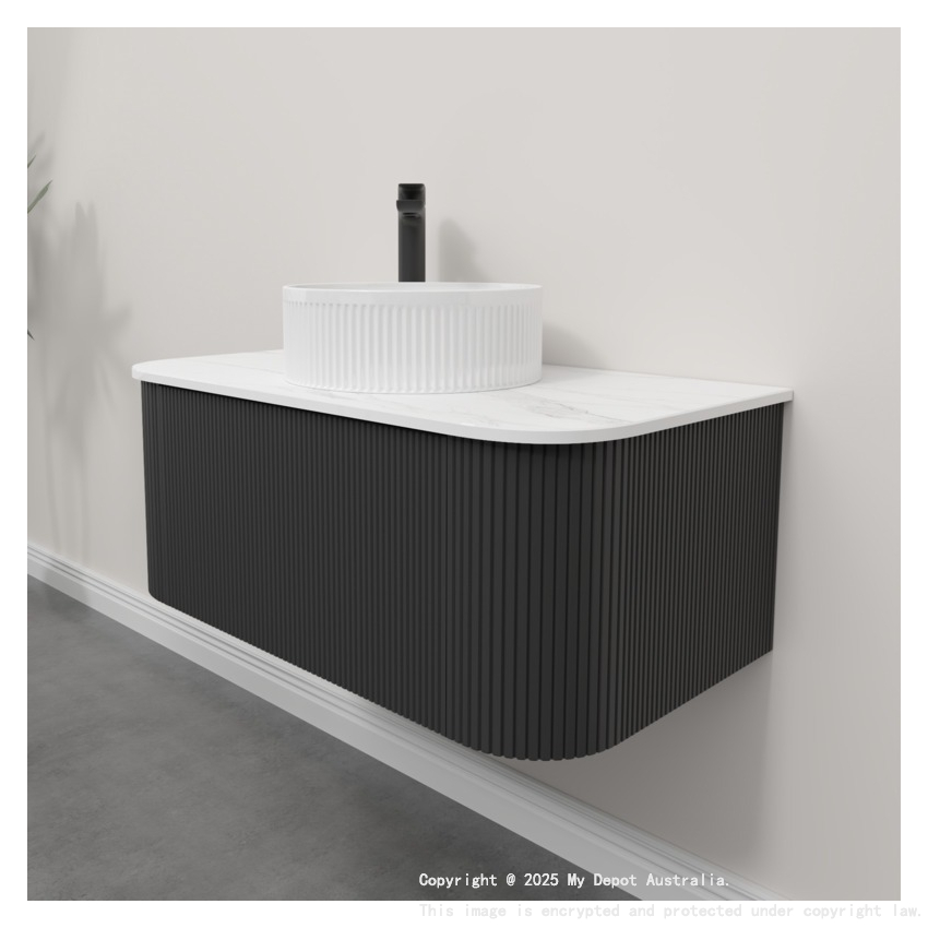 Kiama 950mm Matte Black 1 Drawer Curved Wall Hung Fluted Bathroom Vanity