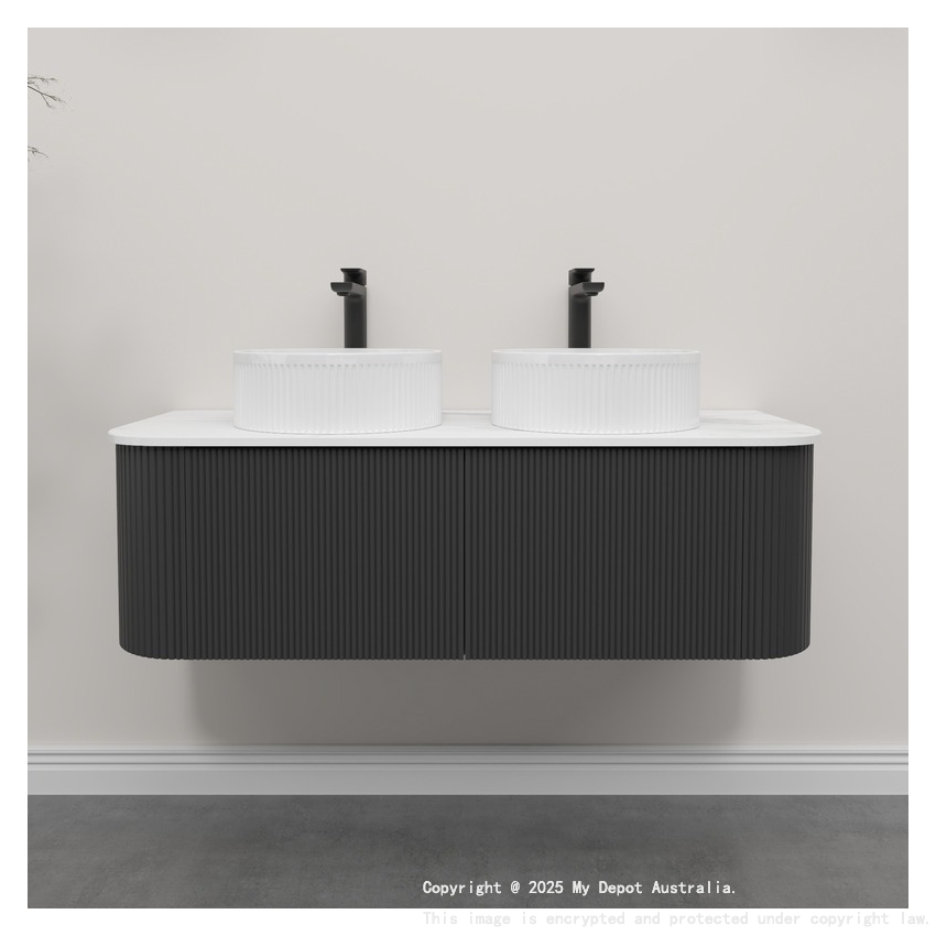 Kiama 1200mm Matte Black 2 Drawers Curved Wall Hung Fluted Bathroom Vanity
