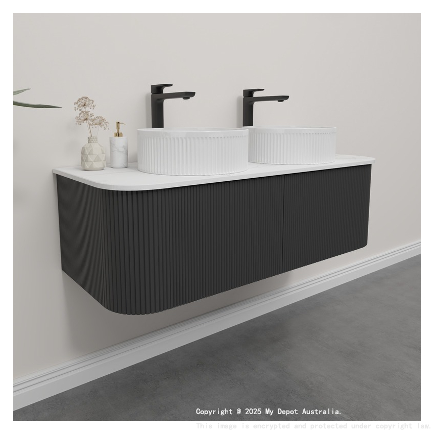 Kiama 1200mm Matte Black 2 Drawers Curved Wall Hung Fluted Bathroom Vanity