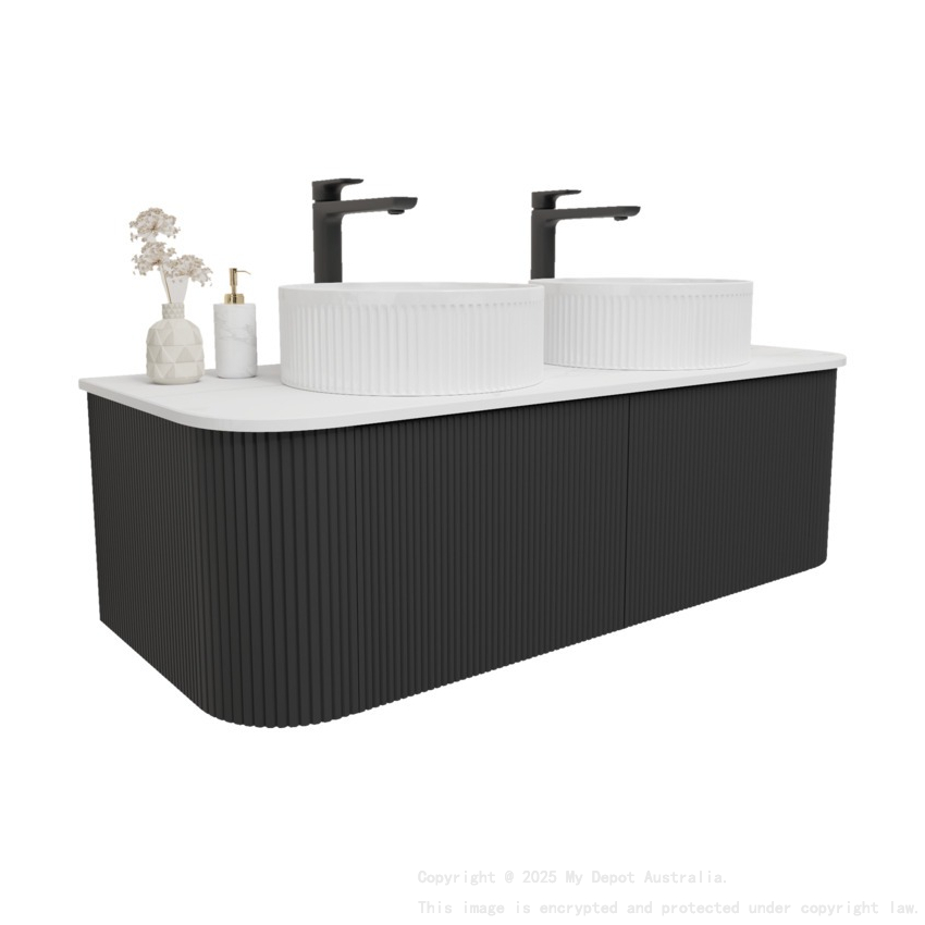 Kiama 1200mm Matte Black 2 Drawers Curved Wall Hung Fluted Bathroom Vanity