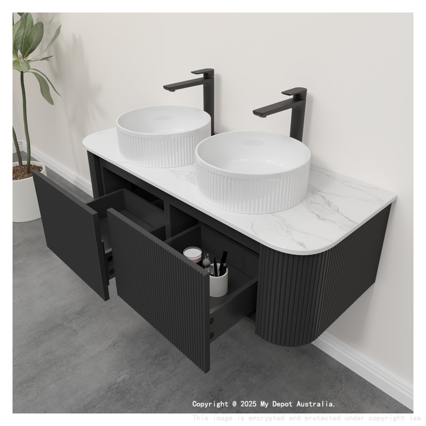 Kiama 1200mm Matte Black 2 Drawers Curved Wall Hung Fluted Bathroom Vanity