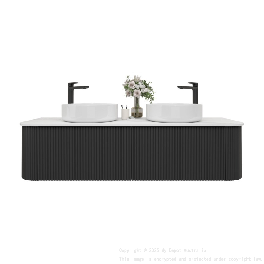 Kiama 1500mm Matte Black 2 Drawers Curved Wall Hung Fluted Bathroom Vanity