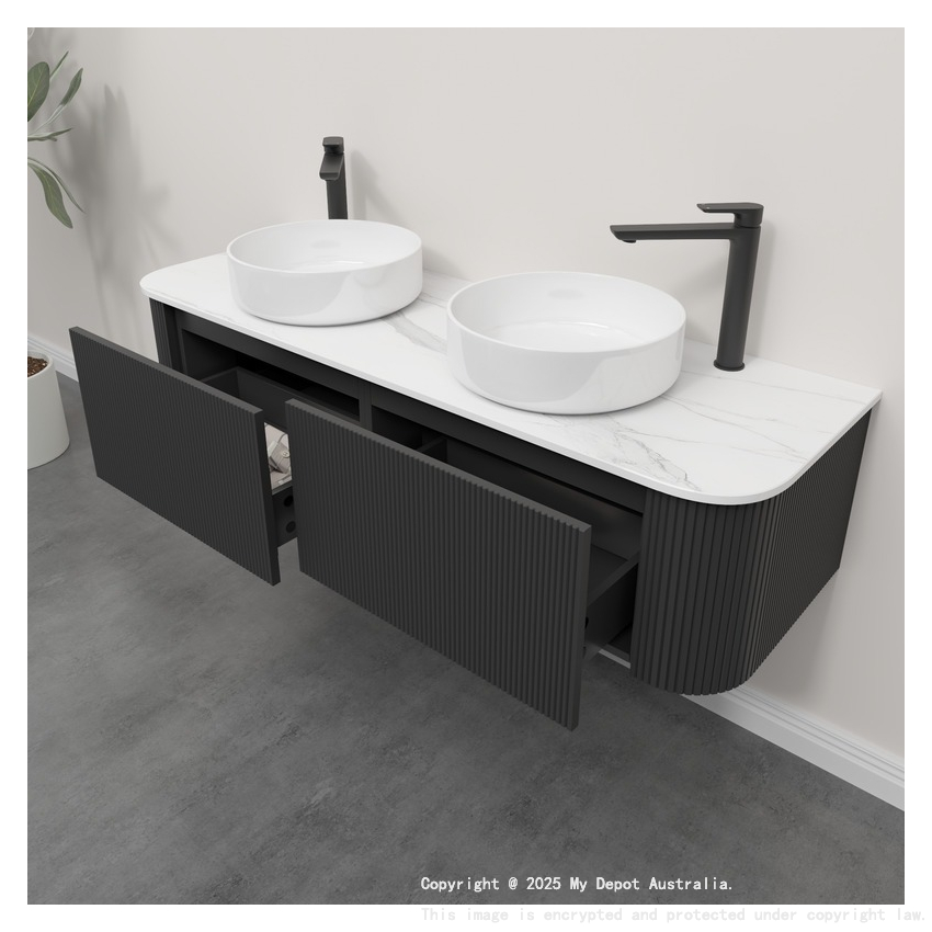 Kiama 1500mm Matte Black 2 Drawers Curved Wall Hung Fluted Bathroom Vanity