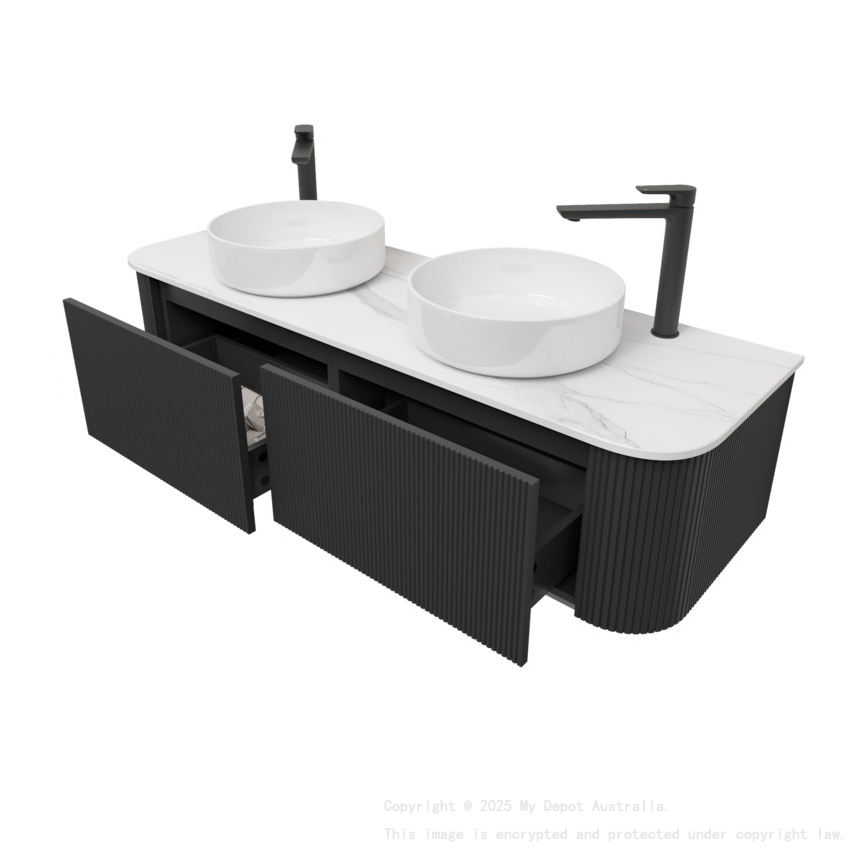 Kiama 1500mm Matte Black 2 Drawers Curved Wall Hung Fluted Bathroom Vanity