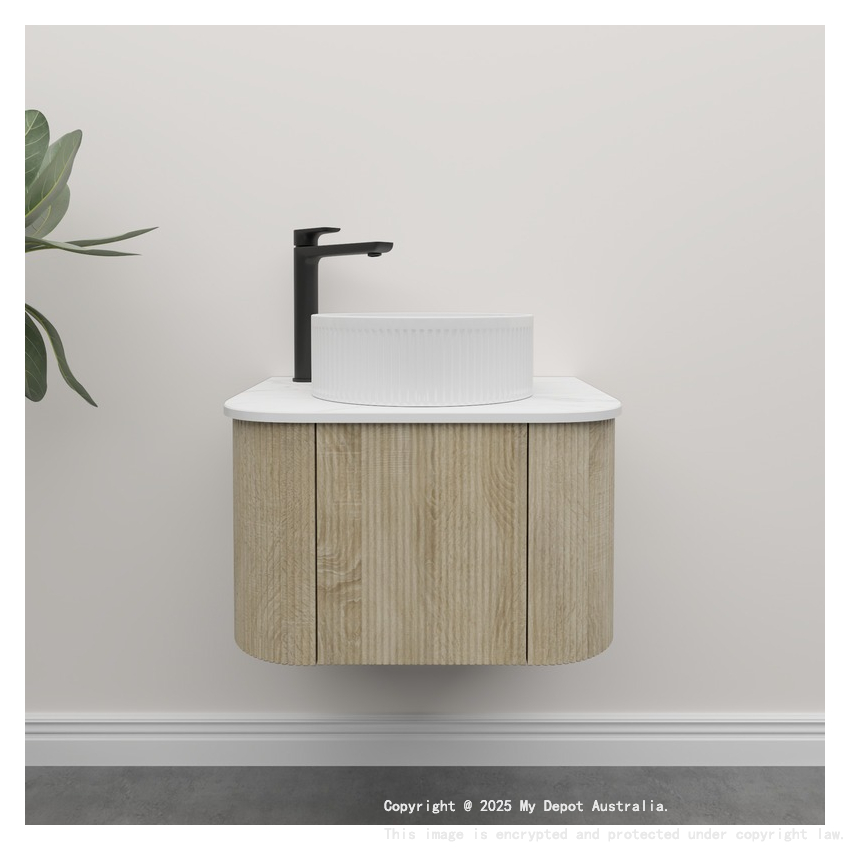 Kiama 600mm White Oak 1 Door Curved Wall Hung Fluted Bathroom Vanity