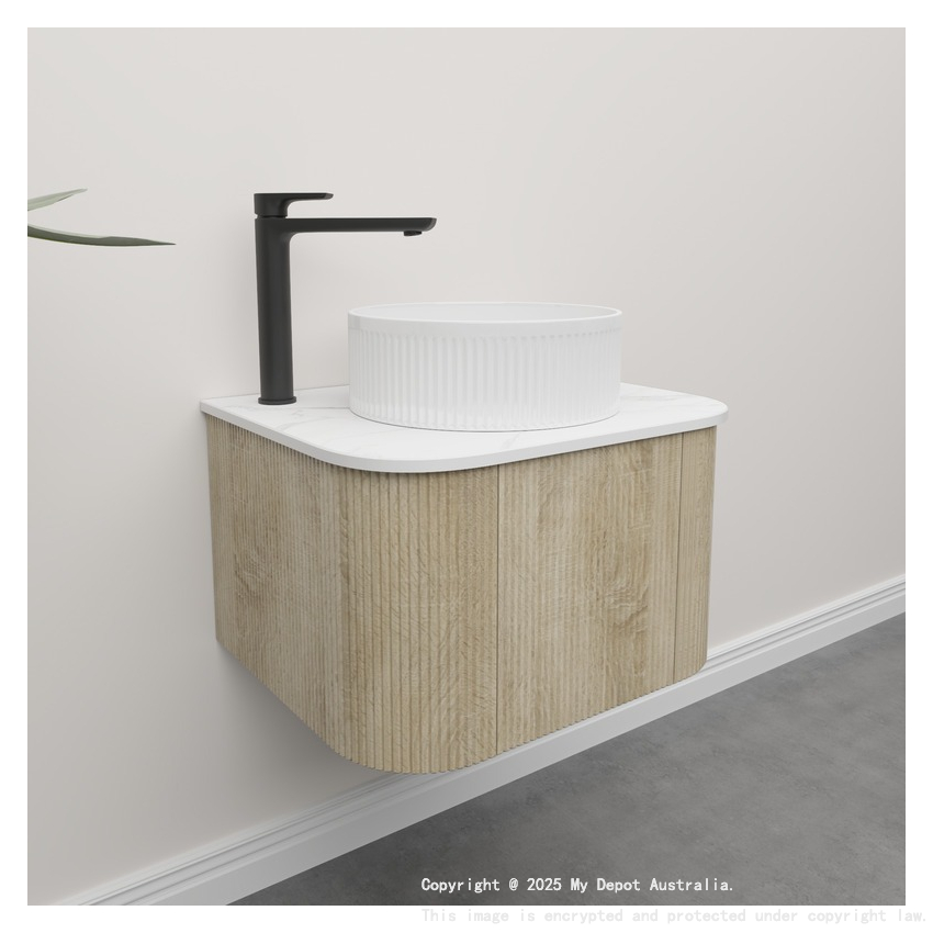 Kiama 600mm White Oak 1 Door Curved Wall Hung Fluted Bathroom Vanity