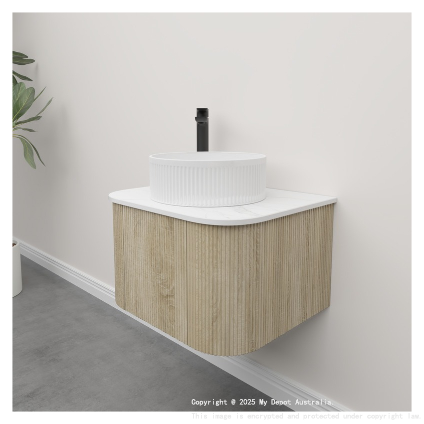 Kiama 600mm White Oak 1 Door Curved Wall Hung Fluted Bathroom Vanity