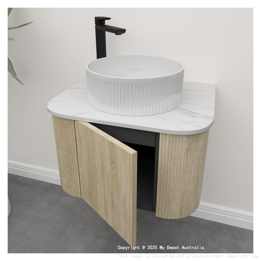 Kiama 600mm White Oak 1 Door Curved Wall Hung Fluted Bathroom Vanity