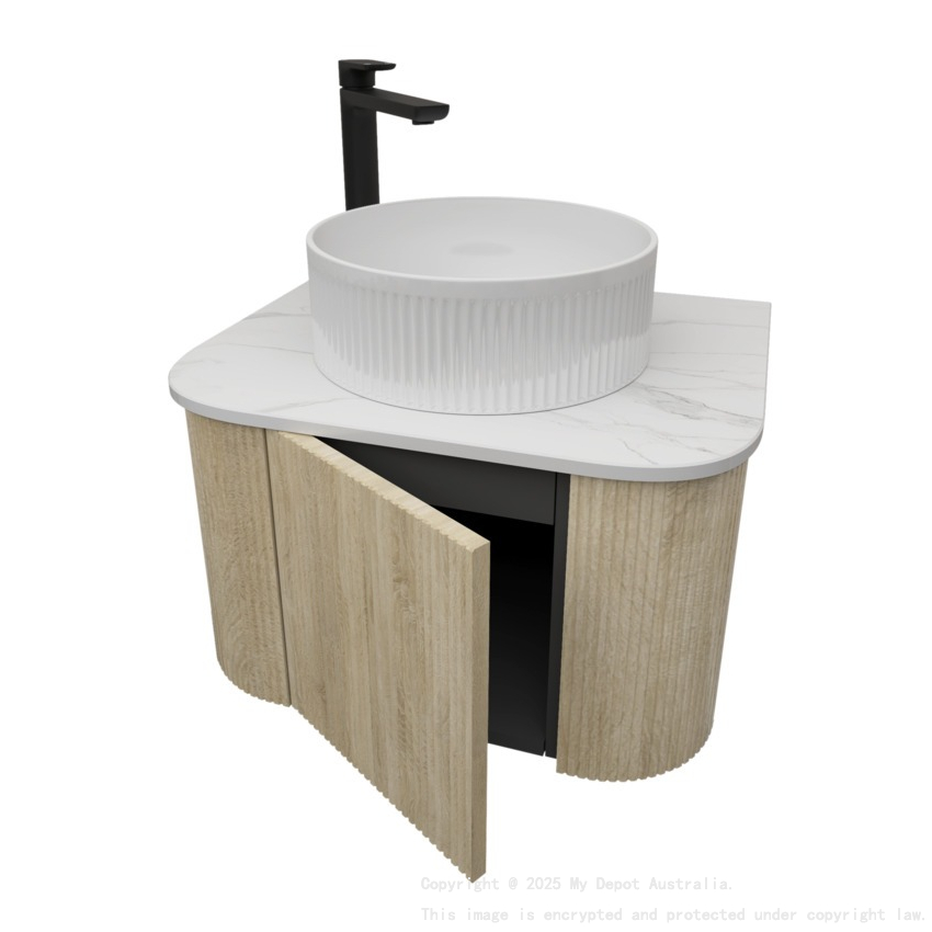 Kiama 600mm White Oak 1 Door Curved Wall Hung Fluted Bathroom Vanity