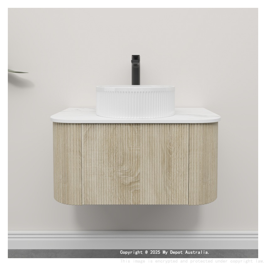 Kiama 750mm White Oak 1 Drawer Curved Wall Hung Fluted Bathroom Vanity