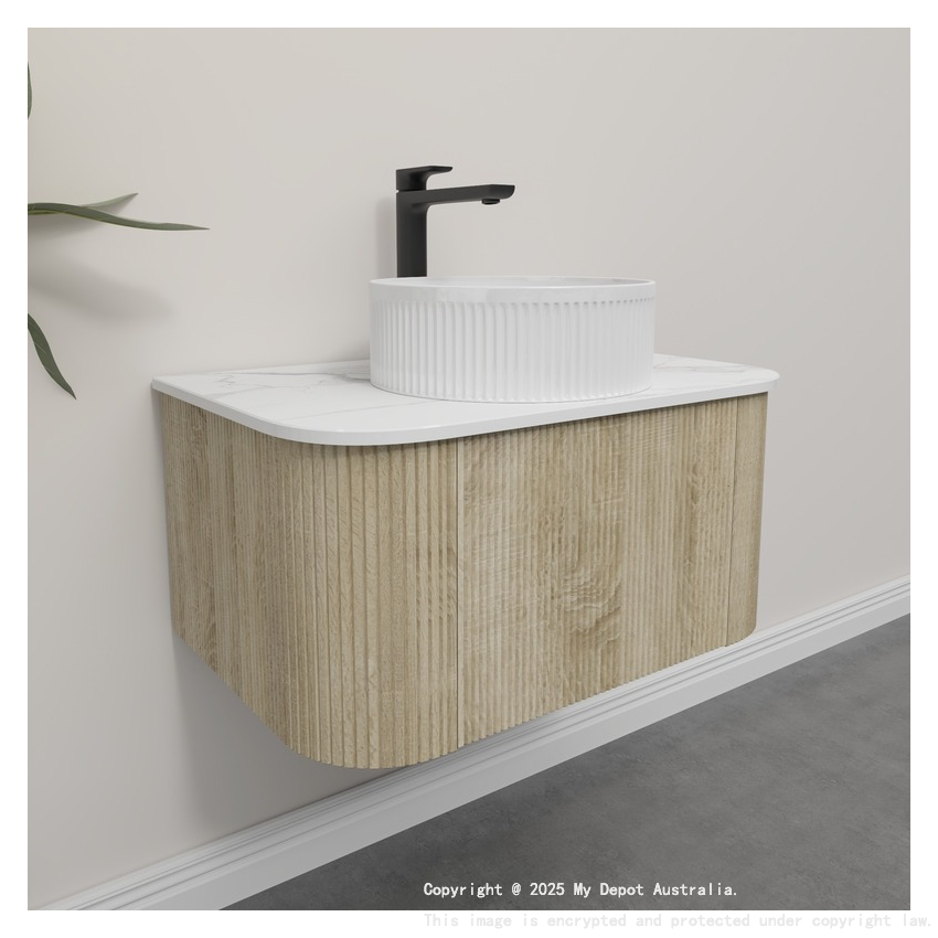 Kiama 750mm White Oak 1 Drawer Curved Wall Hung Fluted Bathroom Vanity