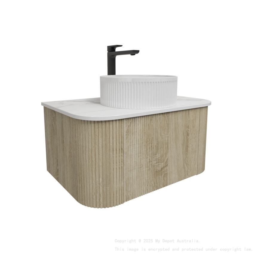 Kiama 750mm White Oak 1 Drawer Curved Wall Hung Fluted Bathroom Vanity
