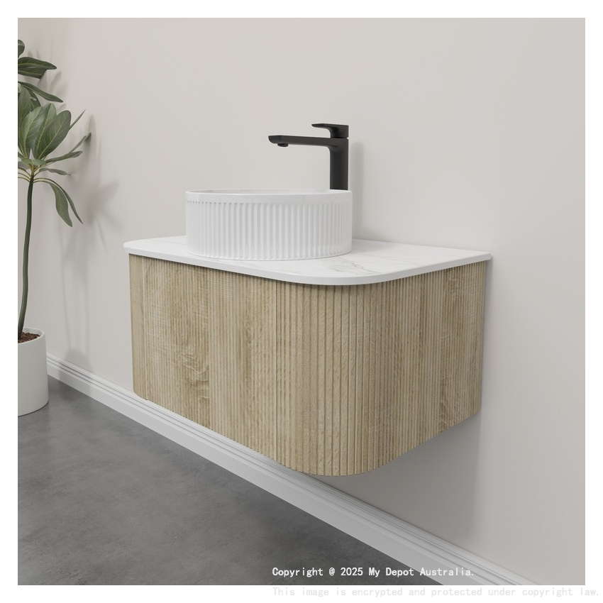 Kiama 750mm White Oak 1 Drawer Curved Wall Hung Fluted Bathroom Vanity