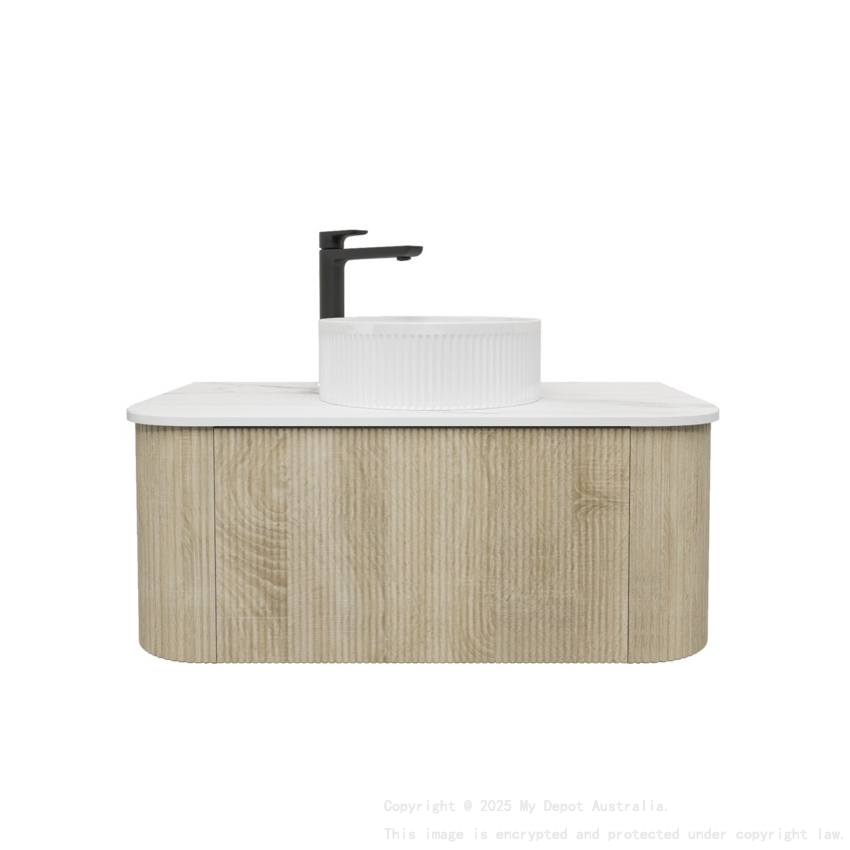 Kiama 950mm White Oak 1 Drawer Curved Wall Hung Fluted Bathroom Vanity