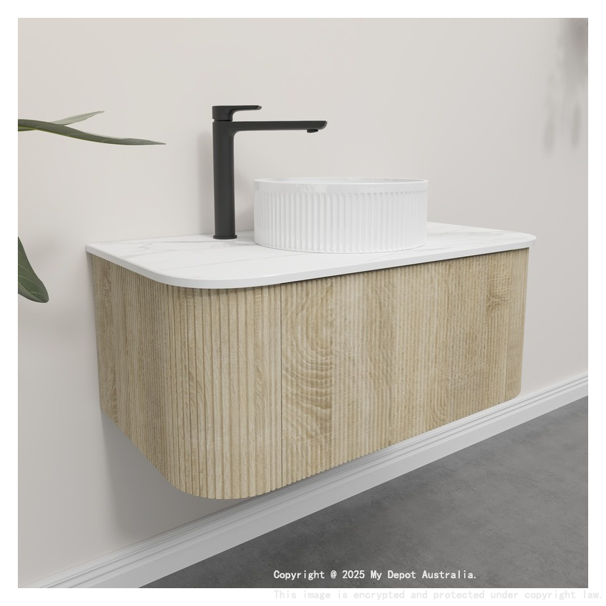Kiama 950mm White Oak 1 Drawer Curved Wall Hung Fluted Bathroom Vanity