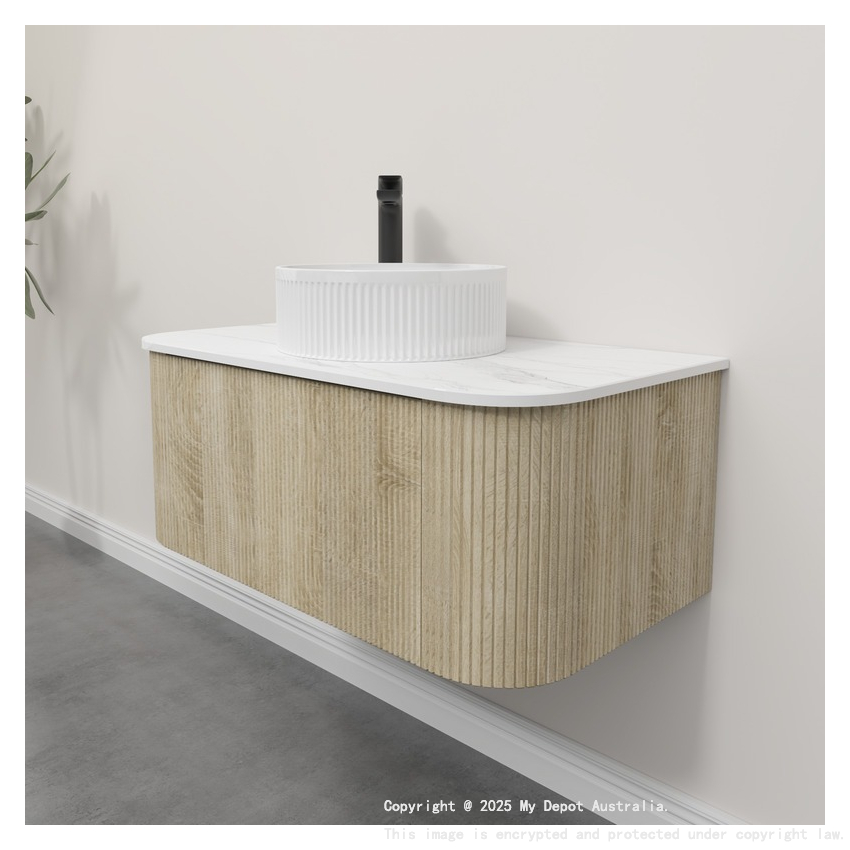 Kiama 950mm White Oak 1 Drawer Curved Wall Hung Fluted Bathroom Vanity
