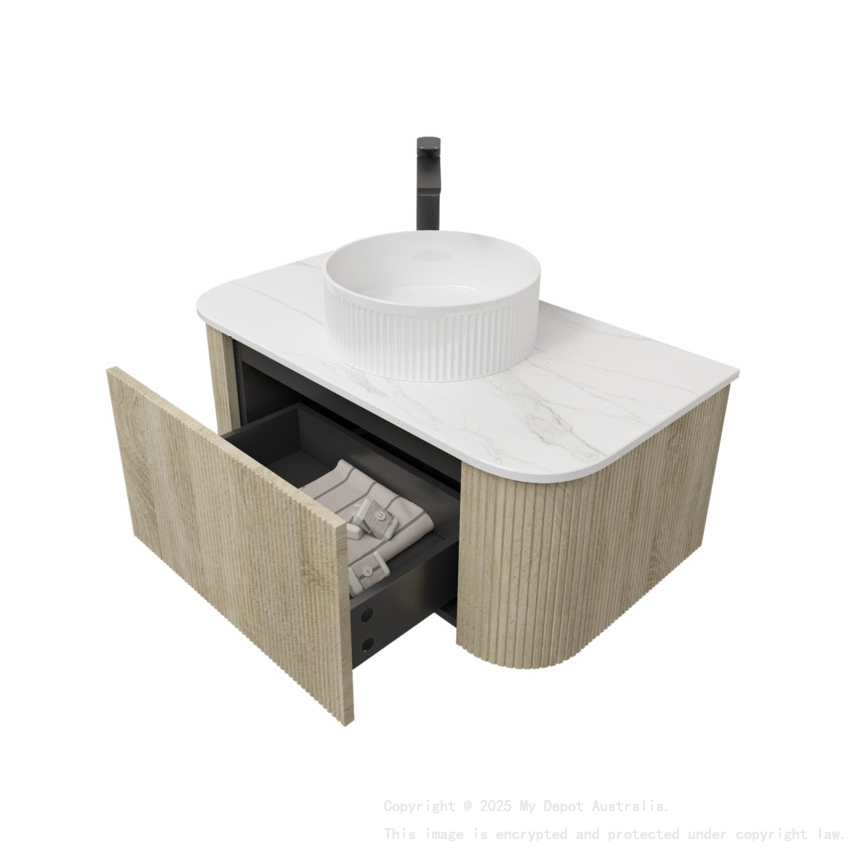Kiama 950mm White Oak 1 Drawer Curved Wall Hung Fluted Bathroom Vanity