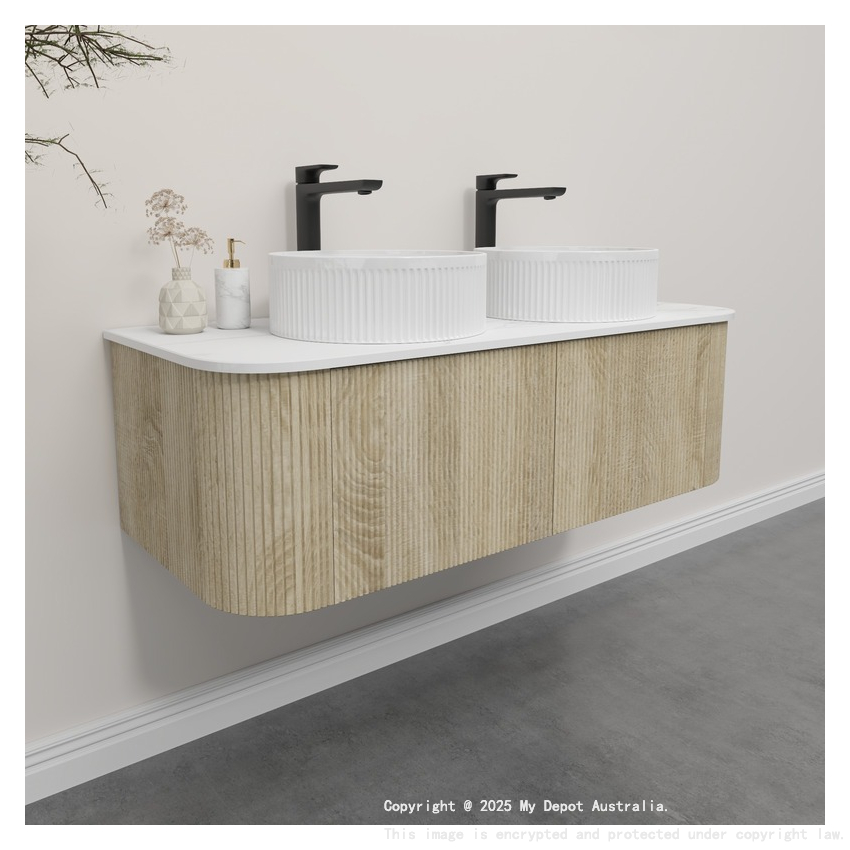 Kiama 1200mm White Oak 2 Drawers Curved Wall Hung Fluted Bathroom Vanity