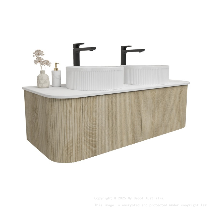 Kiama 1200mm White Oak 2 Drawers Curved Wall Hung Fluted Bathroom Vanity