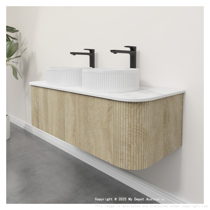 Kiama 1200mm White Oak 2 Drawers Curved Wall Hung Fluted Bathroom Vanity