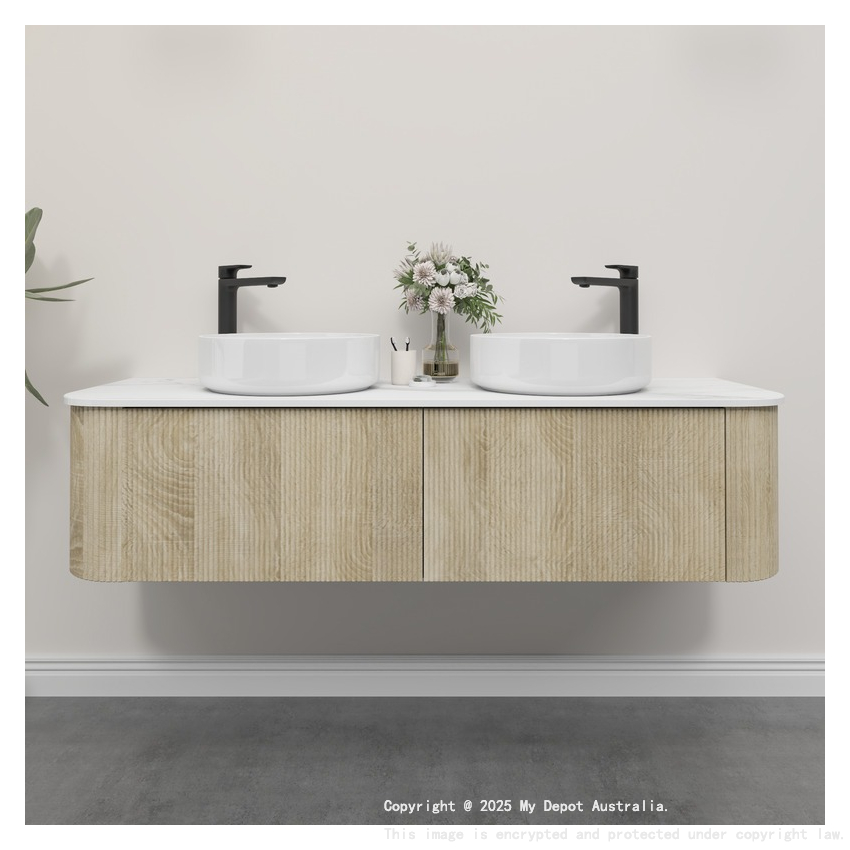 Kiama 1500mm White Oak 2 Drawers Curved Wall Hung Fluted Bathroom Vanity