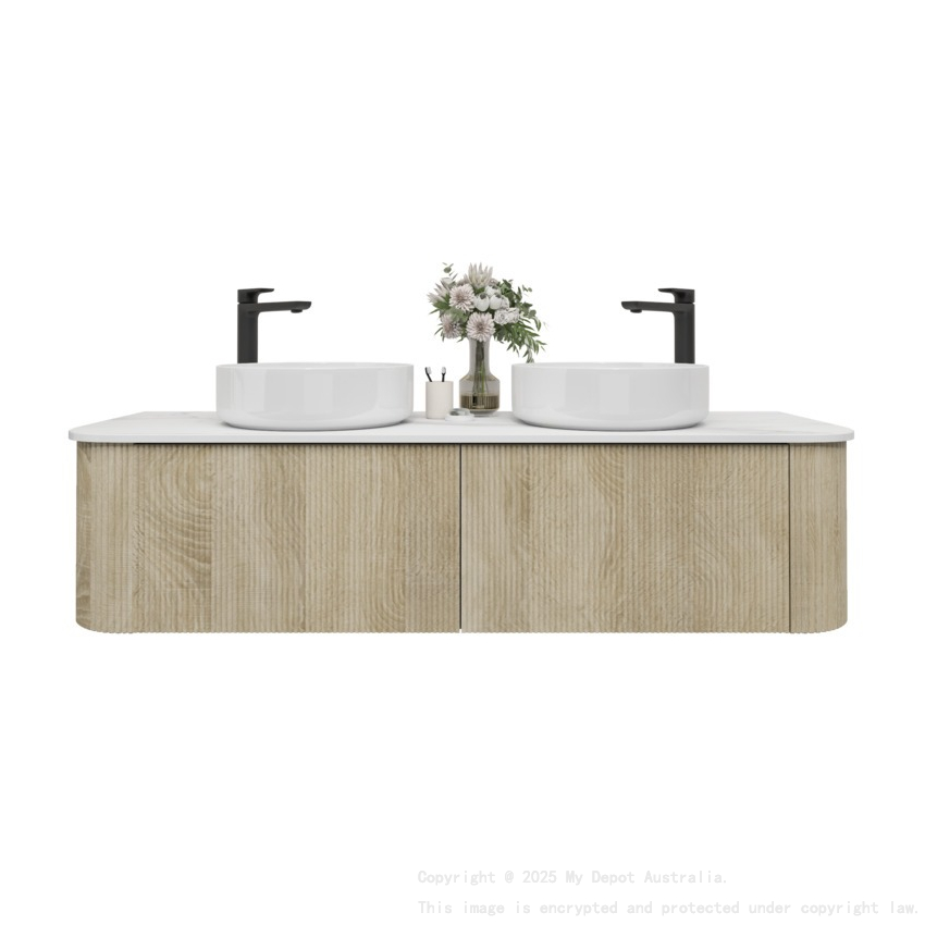 Kiama 1500mm White Oak 2 Drawers Curved Wall Hung Fluted Bathroom Vanity