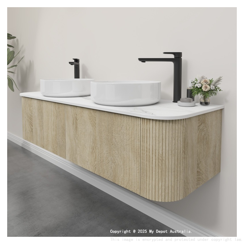 Kiama 1500mm White Oak 2 Drawers Curved Wall Hung Fluted Bathroom Vanity